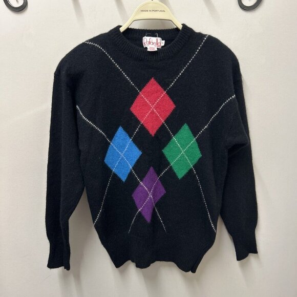 Vtg Rafaella Argyle Sweater S Black Colorful Diamonds Angora Blend 80s Twee - Picture 2 of 8